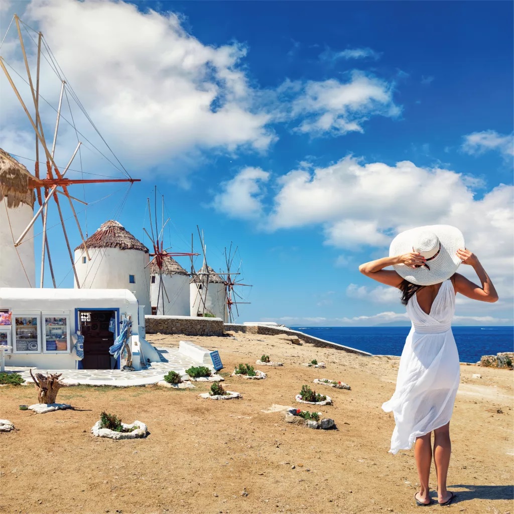 The Mykonos windmills are an iconic feature of the Greek island of the Mykonos.